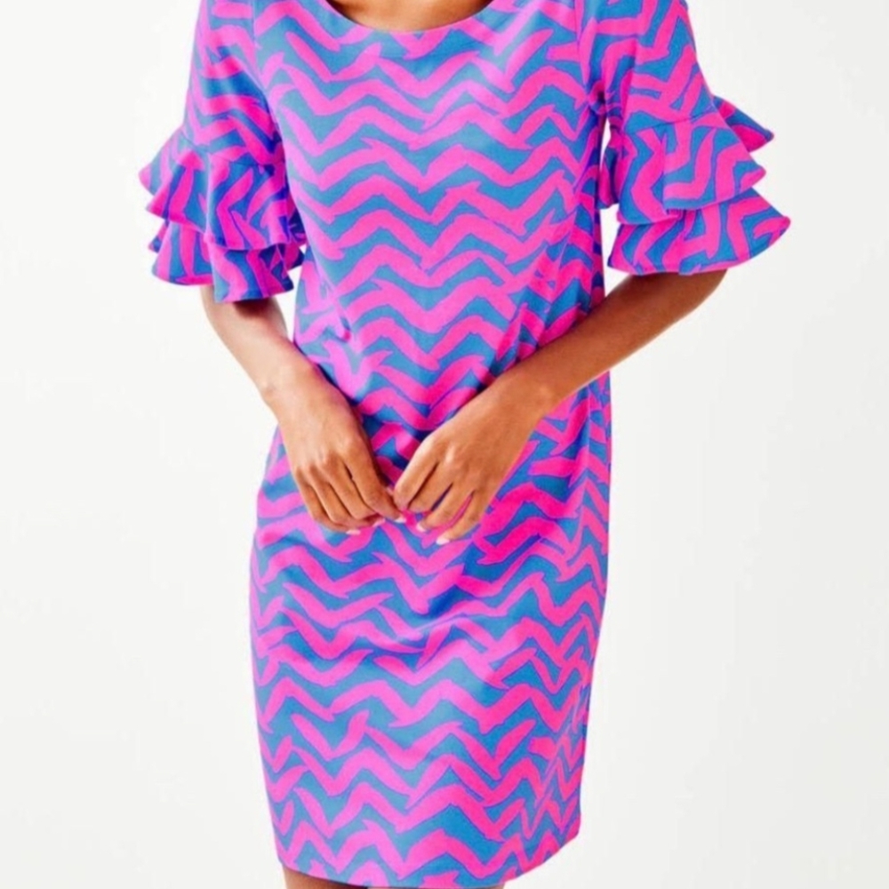 Lilly Pulitzer Pink and Blue Zigzag Ruffle-Sleeve Shift Dress